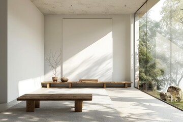 Interior of modern living room with concrete walls, concrete floor, panoramic window and comfortable sofa