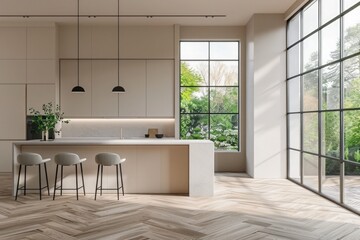 Fototapeta premium interior of modern kitchen with beige walls, tiled floor countertops and built in