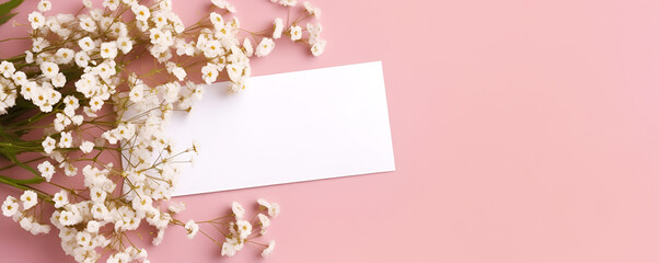 Mockup of a wedding invitation card featuring eucalyptus and gypsophila Card is blank and displayed on a beige background
