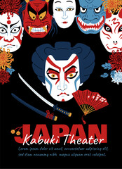 Naklejka premium Vector poster with traditional Japanese Kabuki masks: mythical demons and samurai on a black background