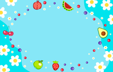 colorful summer background with fruits and berry and flowers