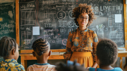 African female teacher standing in front of blackboard while doing math class with little students - School and education concept - Models by AI generative