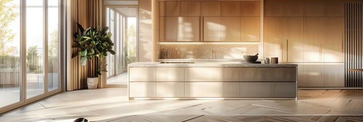 interior of modern kitchen with beige walls, tiled floor countertops and built in