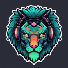 A lion with headphones on its head. The lion is wearing headphones and has a neon green color