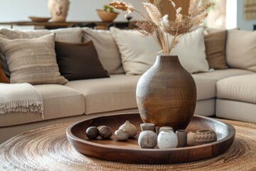 modern living room interior with a wooden coffee table and beige sofa