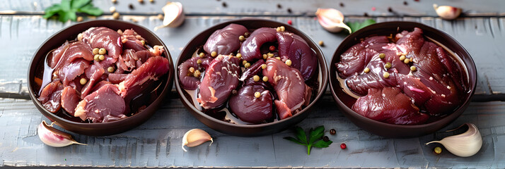 Raw chicken giblets raw poultry meat set  liver, stomach and heart