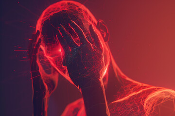 A man holding his head in pain against a glowing translucent background, highlighting the center of headache in red.