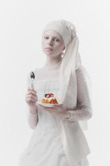 Young woman dressed as medieval person in white clothes holds sweet dessert and spoon against white...