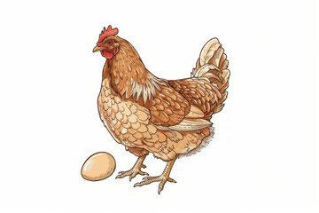 Fototapeta premium Intricate sketch of a brown hen next to a single egg, ideal for agricultural themes and packaging designs, portrayed on white background