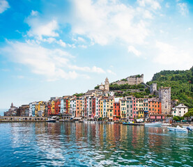 Mystic landscape of the harbor with colorful houses and the boats in Porto Venero, Italy, Liguria