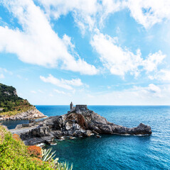 Charming, beautiful view overlooking the sea and gothic Church of St. Peter in Porto Venere, Liguria, Italy. Exotic amazing places. Popular tourist atraction.