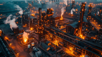 Night view of an industrial landscape with factories illuminated and emitting smoke, showcasing activity and production.