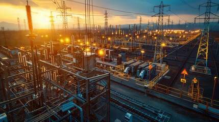 Fototapeta premium A vast power station with electrical substations illuminated by the warm glow of a sunset.