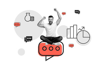 Sketch 3D photo collage of black white silhouette young strong man work remote sit on sms cloud box...