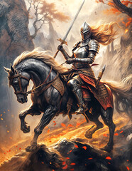 Fototapeta premium A Painting of a Chariot of Steel: Knight Charges with Unflinching Resolve