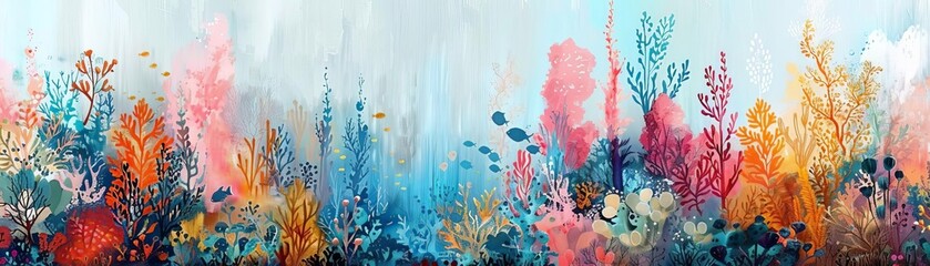 A series of vertical lines and soft curves in pale pastels juxtaposed with a vibrant coral reef scene, full of blues and bright oceanic life, suitable for serene bedroom decor