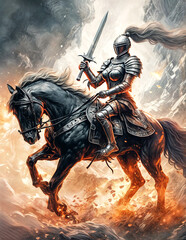 Fototapeta premium A Painting of a Chariot of Steel: Knight Charges with Unflinching Resolve