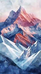 Diamond shapes in subdued tones overlaying a mountainous winter landscape, the snowcovered peaks popping against the cool geometric shadows