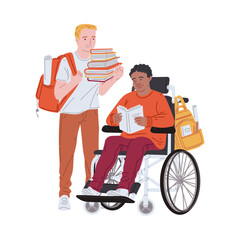 College students studying together, one in a wheelchair vector illustration