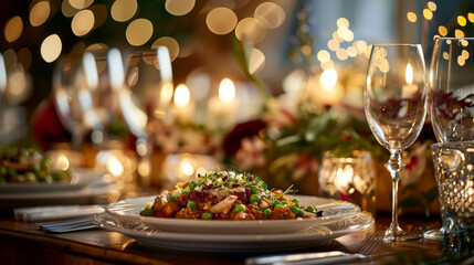 A beautifully decorated Christmas dinner table with candles, festive lights, and a gourmet meal.