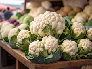 A vibrant display of fresh organic cauliflower at a local farmer's market, showcasing the natural beauty of the vegetable and the vibrant atmosphere of the market.