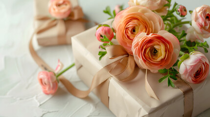 白背景の花とプレゼントボックス
