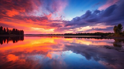 An image of a vibrant sunset over a serene lake, with colorful reflections shimmering on the water