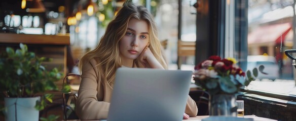 a beautiful female sitting near a table in a coffee shop while doing ecommerce on a computer during free time. generative AI