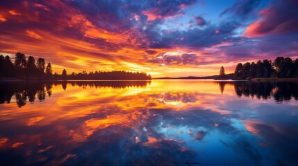 An image of a vibrant sunset over a serene lake, with colorful reflections shimmering on the water