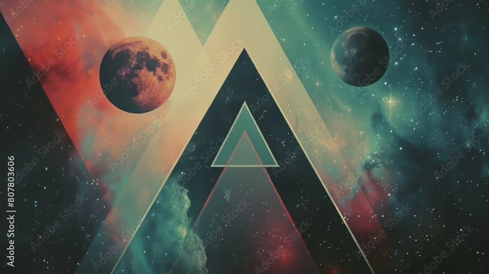 Poster abstract geometric background with triangles and planets in space