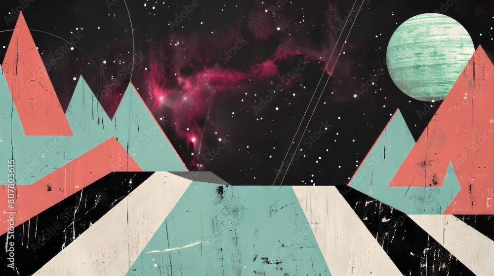 Poster abstract geometric background with triangles and planets in space