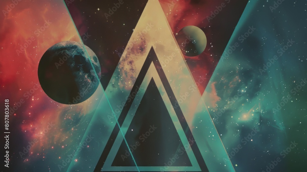 Poster abstract geometric background with triangles and planets in space