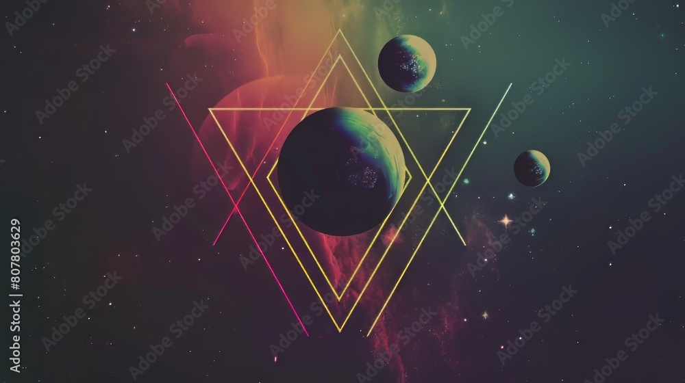 Poster abstract geometric background with triangles and planets in space