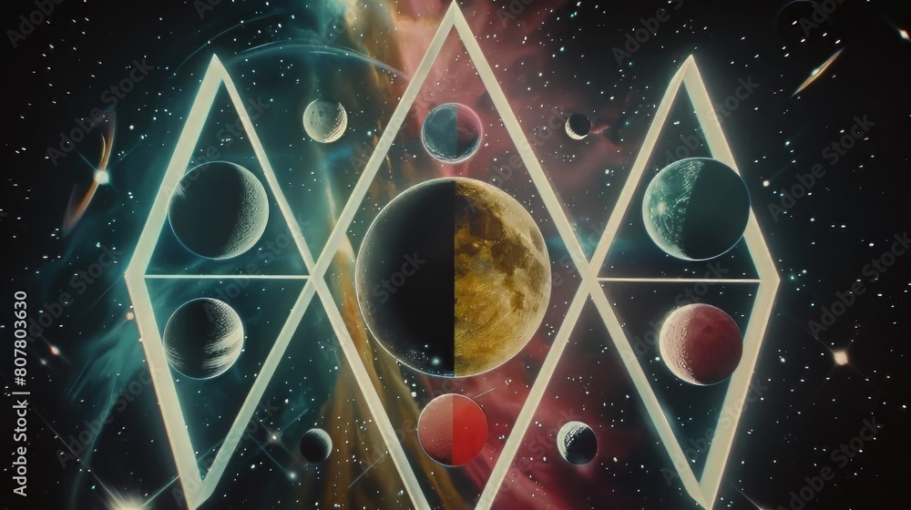 Poster abstract geometric background with triangles and planets in space