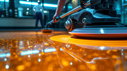 Fototapeta premium High speed polishing machine of a worker polishing hard floor close up view