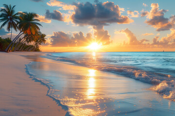 Sunset at a tropical beach with palm trees and gentle waves