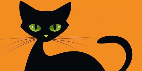 black cat silhouette with arched back with orange background, generative AI