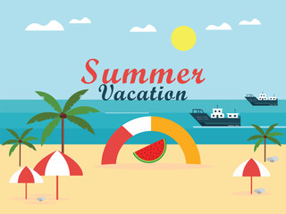 Podium Summer display, pile of sand, flowers, coconut tree, beach umbrella, beach chair, banner design, on cloud and sand beach background, EPS 10 vector illustration