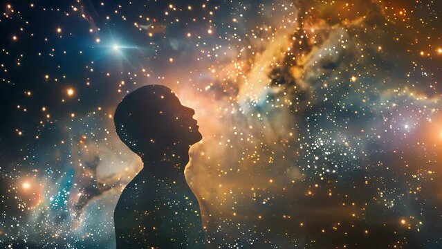 Young adult gazing into a starry cosmic galaxy