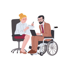 Woman with disabled man works at a laptop sitting in wheelchair, vector handicapped businessman workplace communication