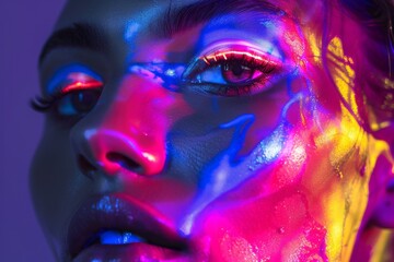 Brightly colored woman with bright make up and glowing eyes