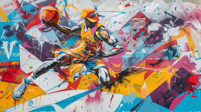 Colorful graffiti of a basketball player in action