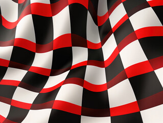 The bold red, black, and white chessboard pattern on a smooth, wavy surface creates a mesmerizing optical illusion. This vector illustration adds depth, giving the design a dynamic effect.
