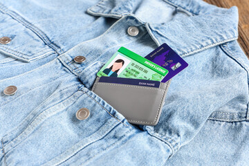 Grey credit holder with cards and drivers license in jeans jacket pocket as background, closeup