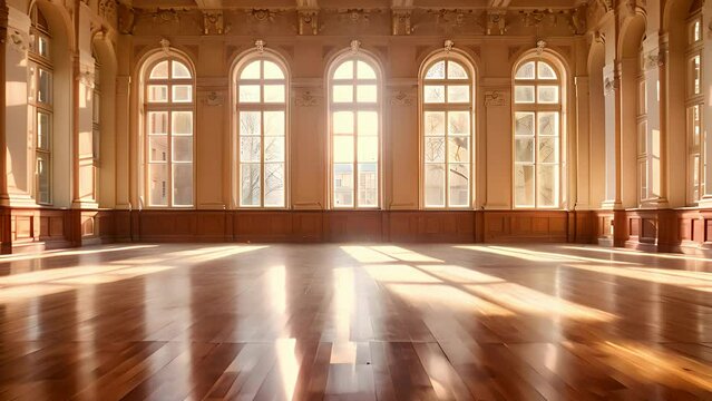 Sunlit grand ballroom with wooden floors and ornate windows
