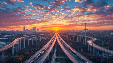 Sunrise casts golden hues over a sprawling highway overpass with busy morning traffic in an urban setting.