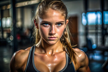 Professional Fitness Transformation Portrait of Teen Girl in Gym Environment with Sweat Glistening, Motivation Accomplishment High Resolution DSLR Photography