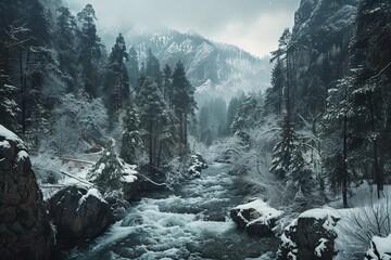 winter landscape on mountains forest