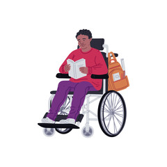 A man in a wheelchair reads a book, vector isolated illustration.