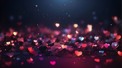 Bokeh-style abstract dark gradient background featuring hearts